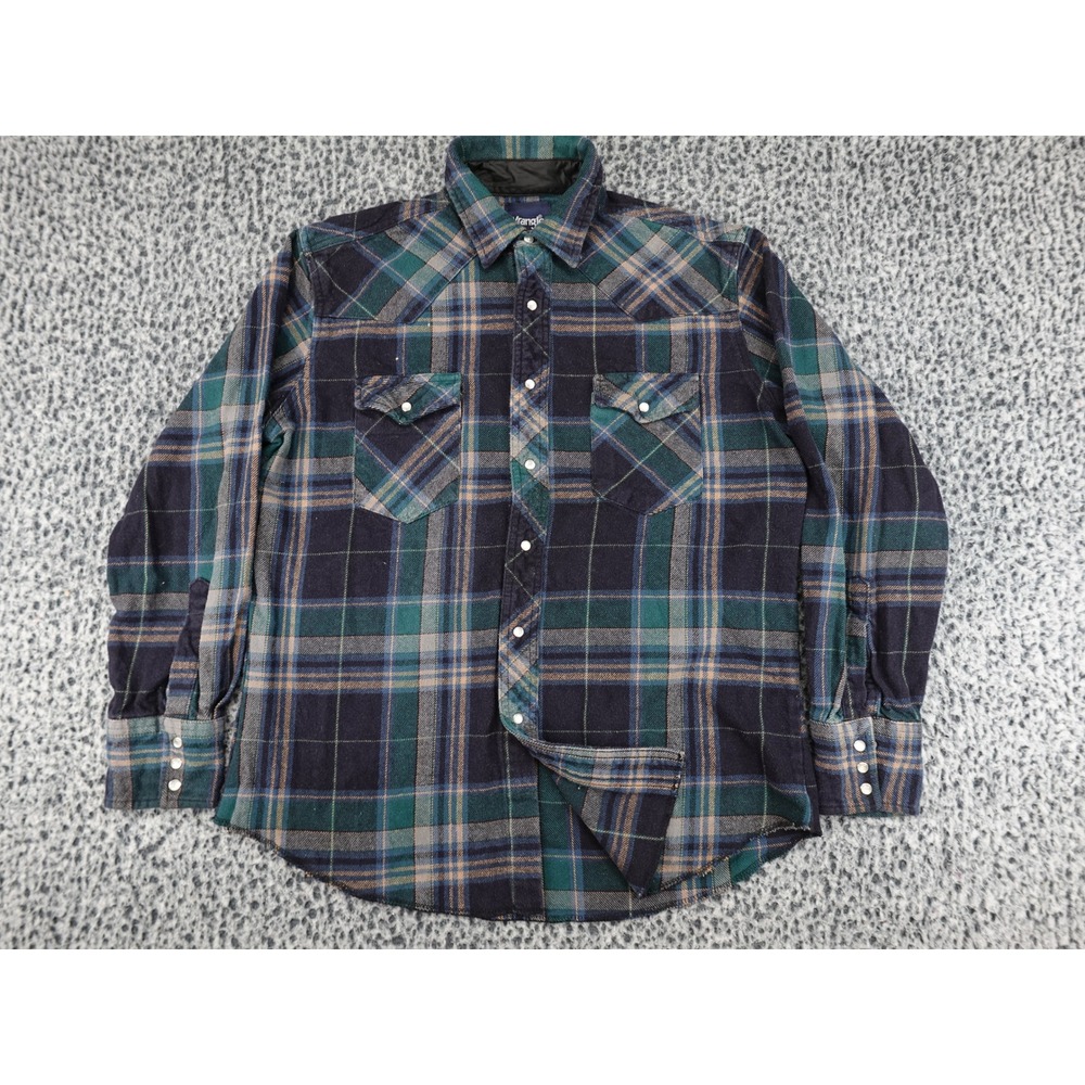 Wrangler Western Shirt Mens Large Blue Green Plaid Pearl Snap Flannel 75273AA